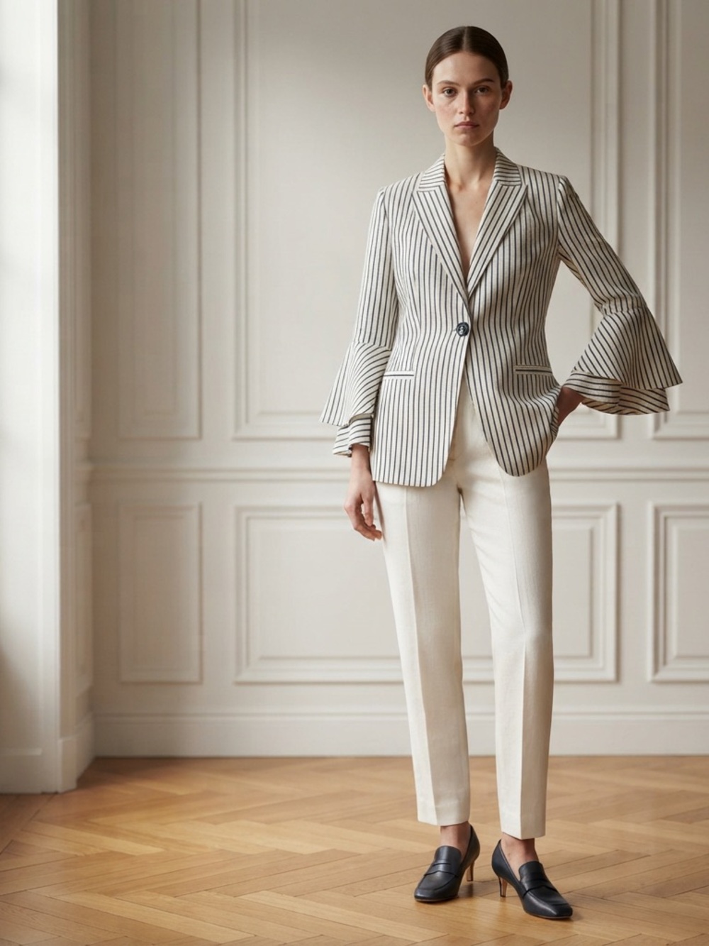 CAbi Navy and White Vertical-Strip Blazer with Flared Sleeves